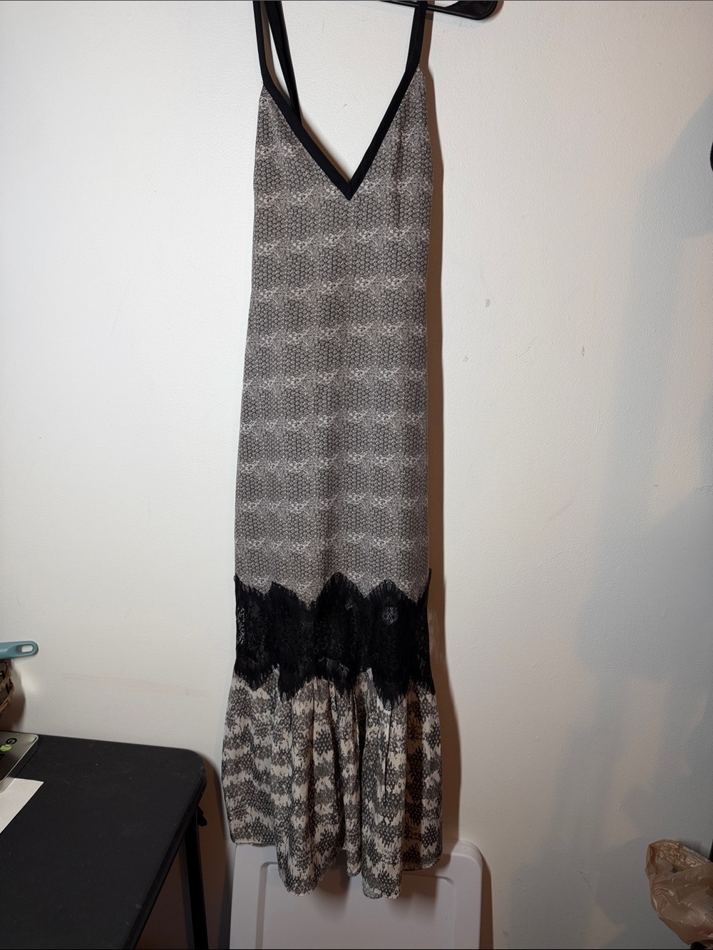 Free People Gray and Black V-Neck Maxi Slip Dress with Lace Hem